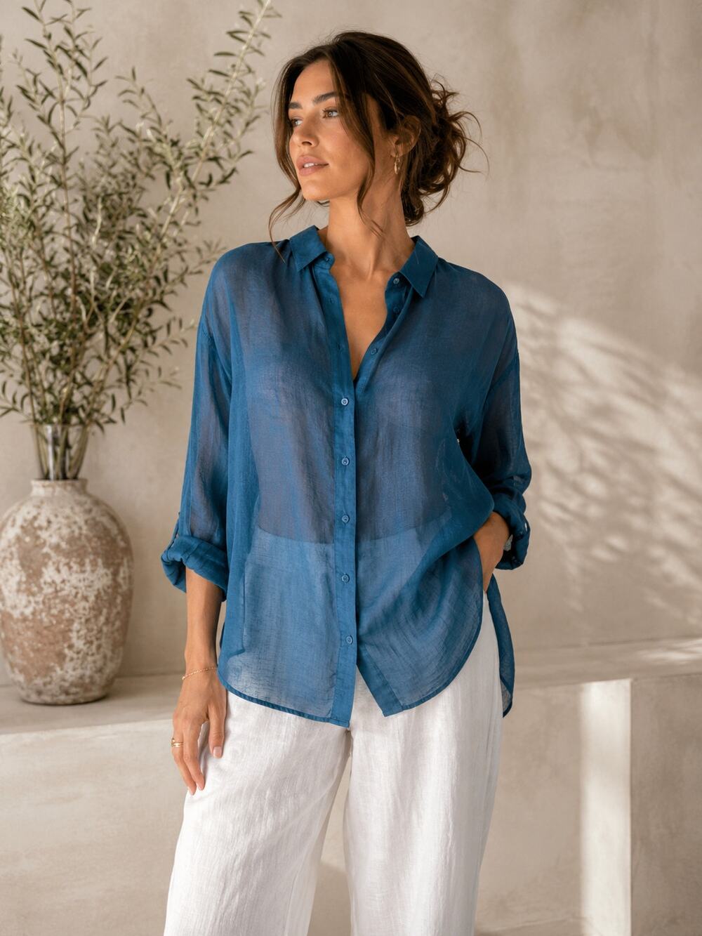 Giada Forte Italy Silk Cotton Sheer Button Front Blouse Blue Size 0 Oversized